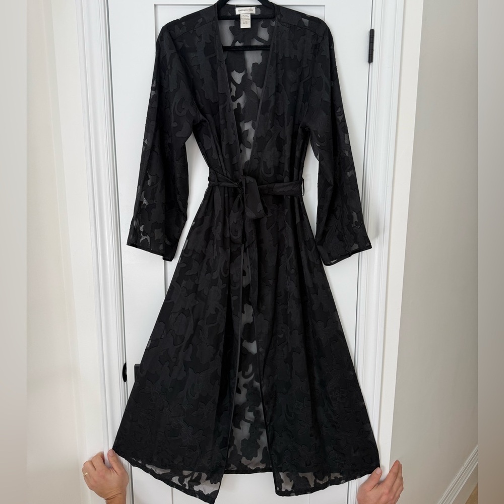 Vintage Black Lace Robe ✨ Sheer Romantic Duster L/XL Tie Waist - Picture 4 of 7